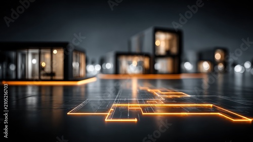 Modern buildings with neon lights.
