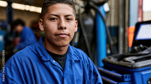 Trade school student portrait in blue work shirt, workshop background, calm expression