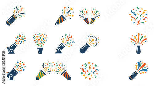 Collection of festive party popper and confetti icons for celebration events, featuring vibrant holiday decorations and Christmas party motifs