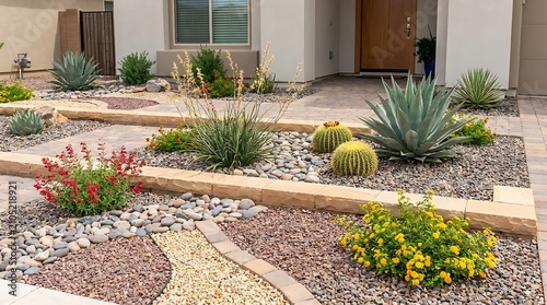 Modern xeriscape front yard garden with desert plants and gravel landscaping. arizona front yard
