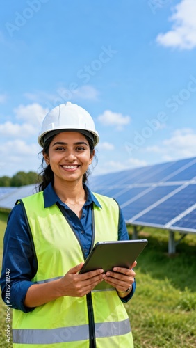Confident young female solar engineer with tablet at renewable energy farm