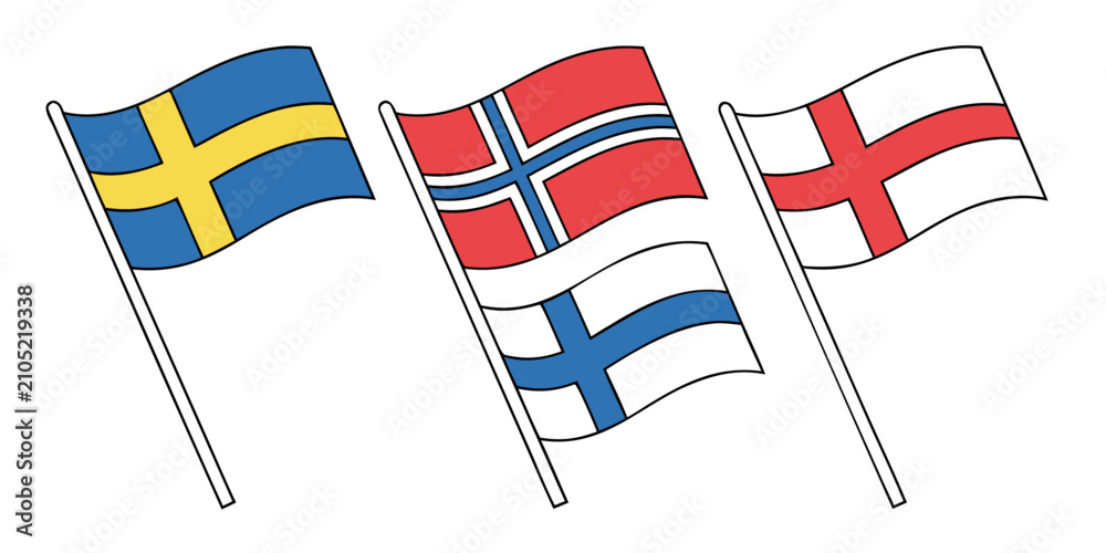 Obraz premium Set of three stylized flags of sweden and norway, diagonal stripes, white background, blue yellow