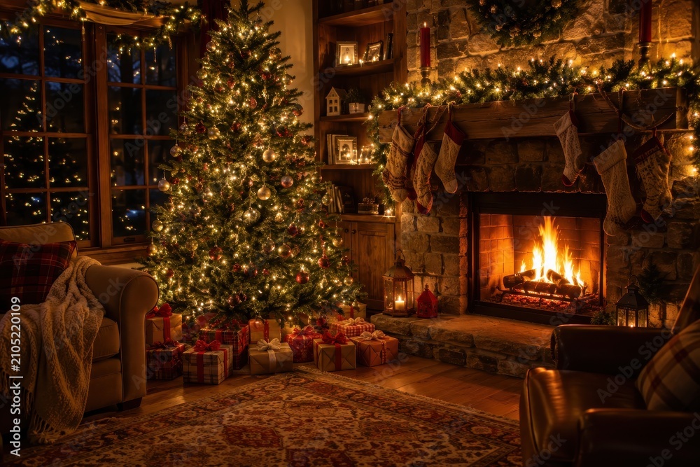 Obraz premium Decorated Christmas tree with gifts by glowing fireplace at home