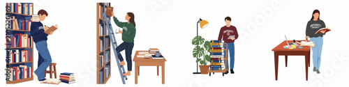 Foto Flat vector illustrations set of university students studying in a library, reading books, and taking notes for their academic education and research