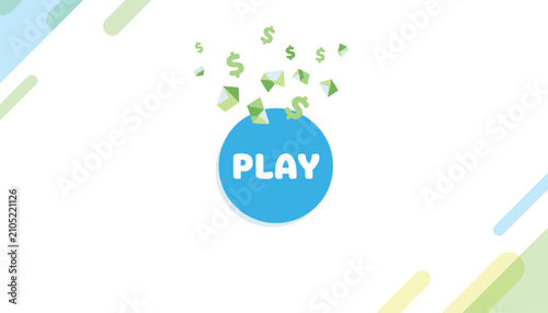 Round blue play button with green envelopes and dollar signs flying out of it on a modern abstract background.