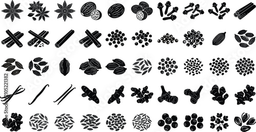 Konstfotografi Spice silhouette collection isolated herbs and seasonings on transparent backgro