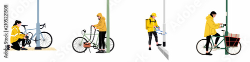 Canvastavla Set of Flat Vector Illustrations Depicting Women in Yellow Jackets Securing Thei