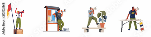 Set of Four Flat Vector Illustrations Showing Diverse Activists Using Megaphones to Promote Social Justice and Community Awareness on a White Background