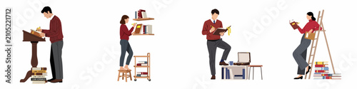 Foto Set of flat illustrations depicting male and female professionals engaged in research, reading, and organizing law journals and books in a library or office