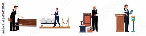 Fotografía Set of diverse courtroom usher characters performing different duties like guiding attendees, managing documents, and providing assistance in a judicial setting