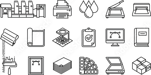 Foto Commercial Printing and Polygraphy Industry Line Icon Set with Offset Machine Pl