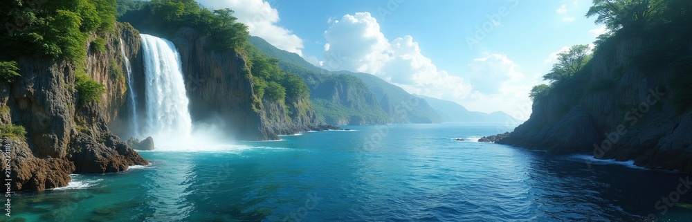 Obraz premium Wide panoramic view of tropical waterfall flows down rocky cliff into blue ocean sea bay. Sunny daylight illuminates steep mountains covered with green trees. Pristine nature landscape offers serene