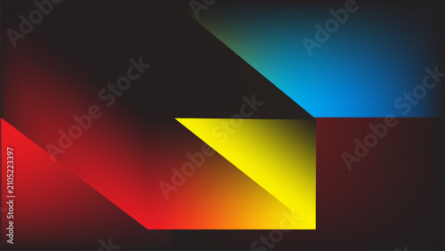 Dynamic interplay of vibrant color gradients and sharp geometric forms on a dark background, evoking a modern artistic concept of light and shadow through striking abstract design