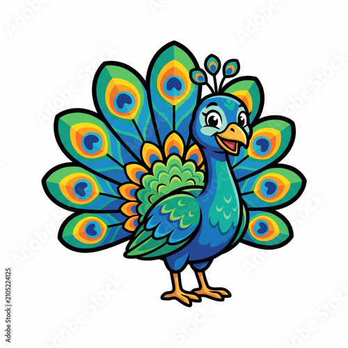 Cute Cartoon Peacock Bird with Colorful Feather Fan Display, Isolated on White Background