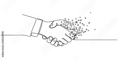 Bild auf Leinwand Continuous single line drawing of a business handshake dissolving into small par
