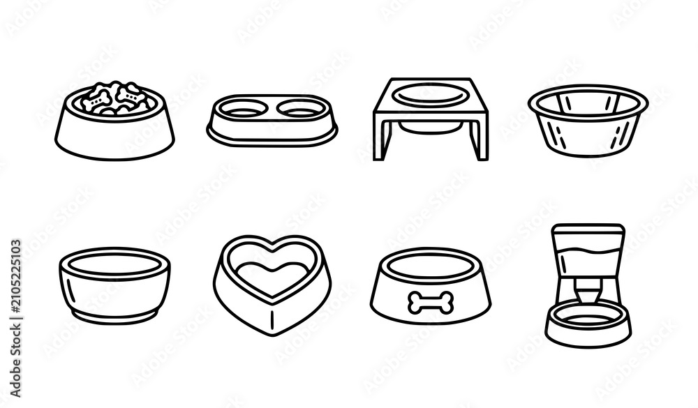 Obraz premium Pet food and water bowl collection line art icons