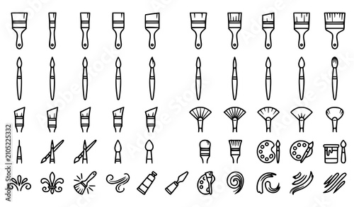 Paint brushes and artist tools line icons set