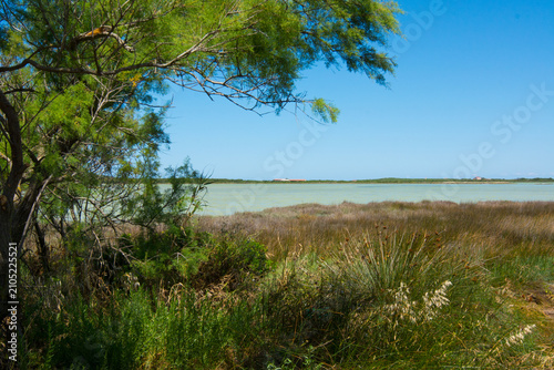 Panoramic view of Salina Manna salt lagoon in Sardinia