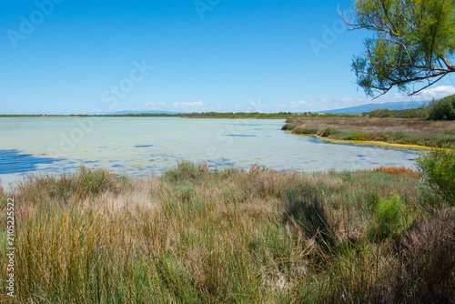 Panoramic view of Salina Manna salt lagoon in Sardinia
