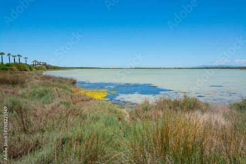 Panoramic view of Salina Manna salt lagoon in Sardinia