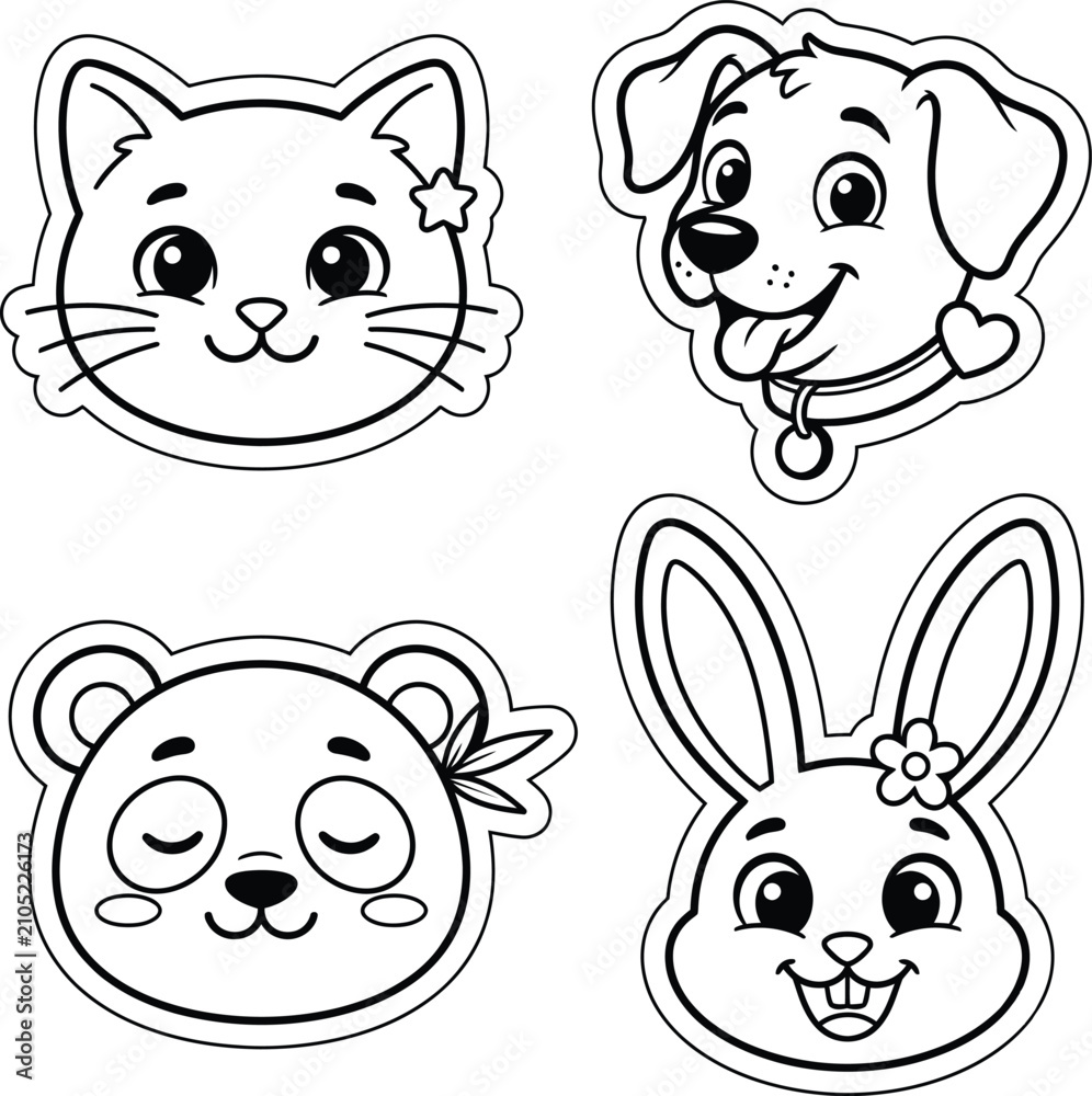 Obraz premium Four adorable animal heads including a cat, dog, panda, and bunny featuring cute expressions for coloring activity.