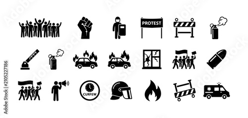 Фотография Riot and civil unrest icon set, 16 black silhouette symbols, protest, police shi