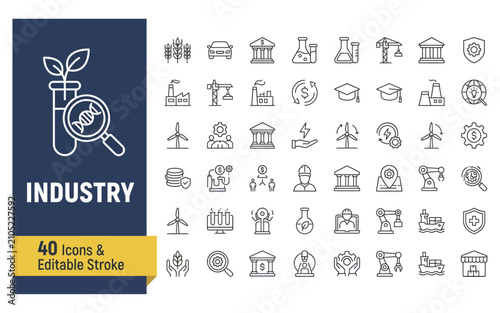 Industrial and Professional Line Icon Set Featuring Science, Law, Education, and Manufacturing Symbols for Web Design