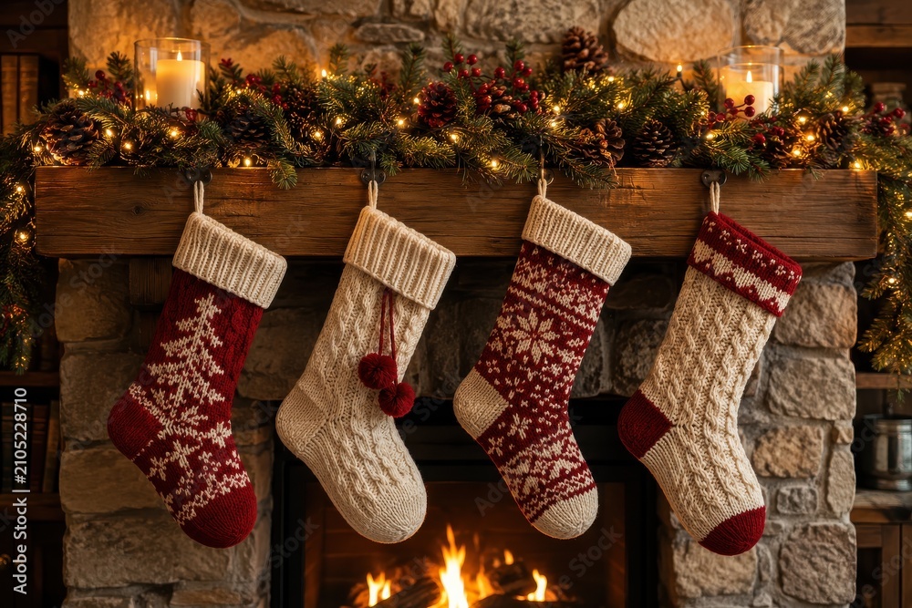 Obraz premium Knitted Christmas stockings hanging on fireplace mantel with garland