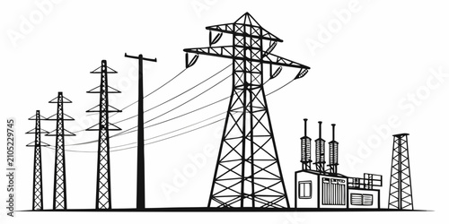 Foto Detailed black and white line of a high-voltage electricity pylon and substation