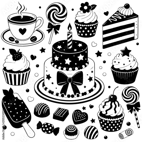 Black and white illustration of various sweet treats and desserts
