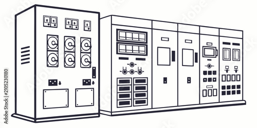 Fotografía Isometric view of 9 different industrial electrical components on white backgrou