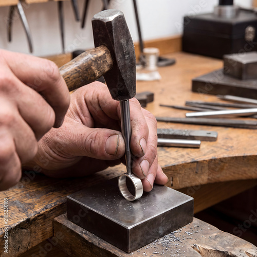 hands holding a heavy metal hammer, striking a steel punch to create a hammered texture on a blank silver ring band