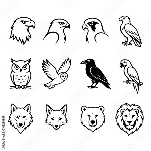 Black and white vector illustration of various animal heads and profiles