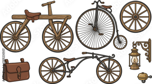 Konstfotografi Vintage Bicycle Vector Set with Antique Wooden Dandy Horse Penny Farthing High W