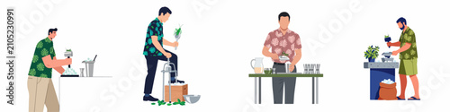 Quadro su tela Set of male bartenders in tropical shirts preparing cocktails, crushing ice, and using a fruit press, isolated flat vector illustration on white background