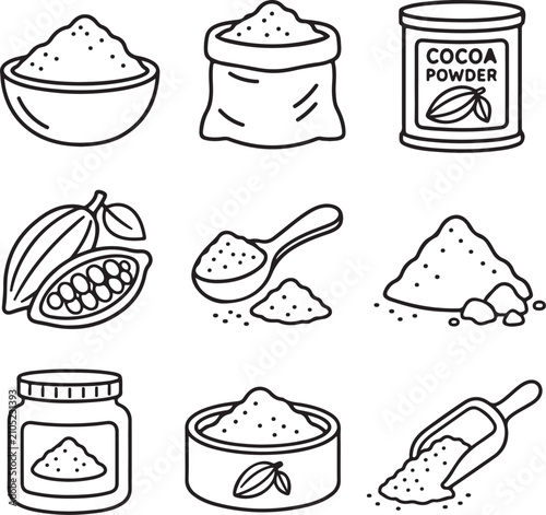 A collection of black and white line art icons depicts various cocoa powder and cacao bean.