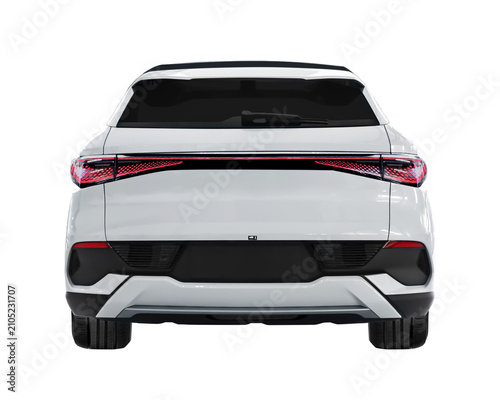 Electric car back view white colour on transparent background.