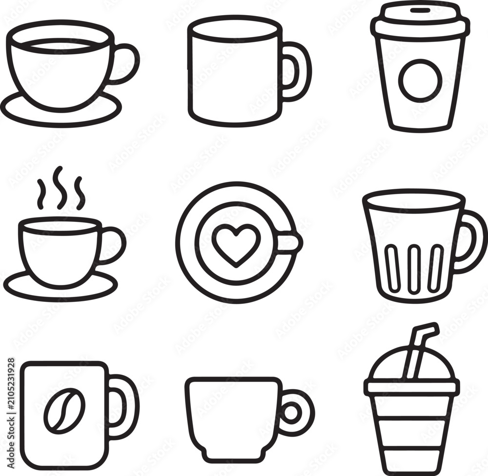Fototapeta premium A collection of simple black line art icons displays various coffee cups and mugs.