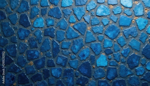 Irregular blue pieces fill dark gray grout. Mosaic tile pattern rough texture  varied shades of blue. Small specks of tan sand visible between tile fragments  creating rustic backdrop. Surface offers