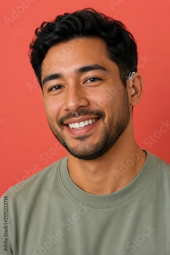 Cheerful young man wearing hearing aid smiling warm studio portrait inclusion
