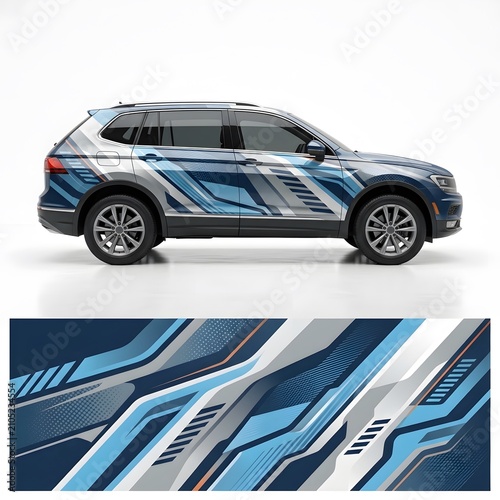 Modern Car Wrap Design - Abstract Blue and Silver Geometric Stripes on SUV