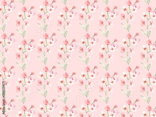 Foto A seamless floral pattern features watercolor-style illustrations of delicate pink and white flowers with green leaves on a soft pink background