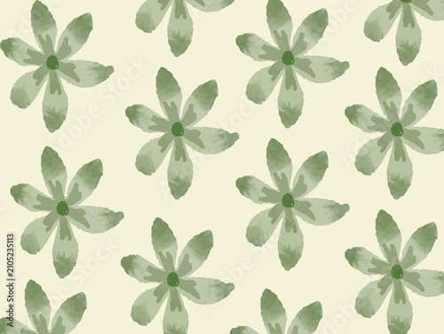 Pattern of green watercolor flowers on a light beige background. Each flower features six petals with darker green centers, arranged in a uniform, repeating design across the surface. The watercolor e