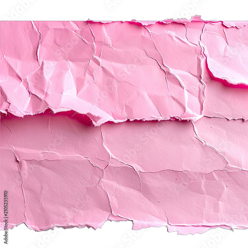 A close-up of crumpled pink paper with ripped edges on a black background.