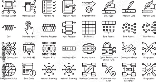Industrial automation Modbus master slave and PLC data communication line icon collection vector