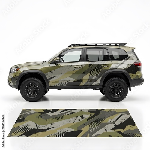 Modern Camouflage Vinyl Wrap for SUV, Off-road Vehicle Decal Design, Urban Woodland Abstract Pattern