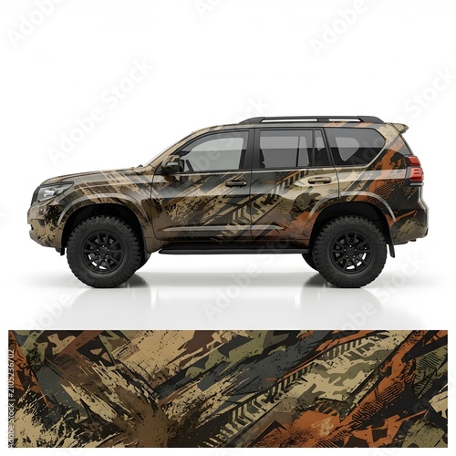 Off-road SUV wrapped in abstract camouflage design, modern vehicle customization, adventure vehicle concept