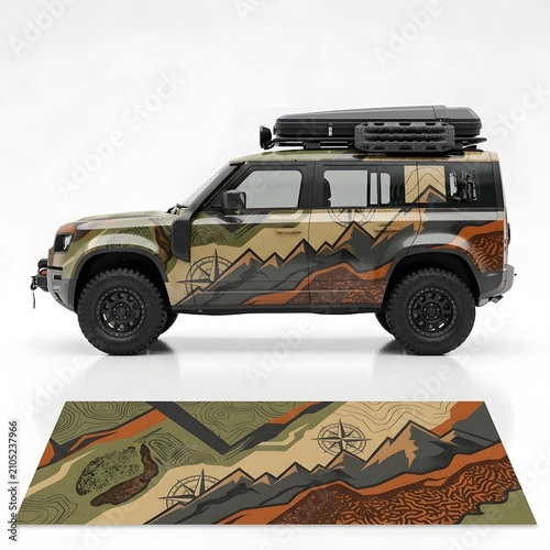 Adventure Off-Road Vehicle with Mountain Camouflage Wrap and Rooftop Cargo Box, Outdoor Expedition SUV