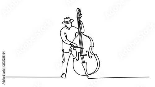 Photography Continuous single line drawing of a man playing a double bass instrument wearing