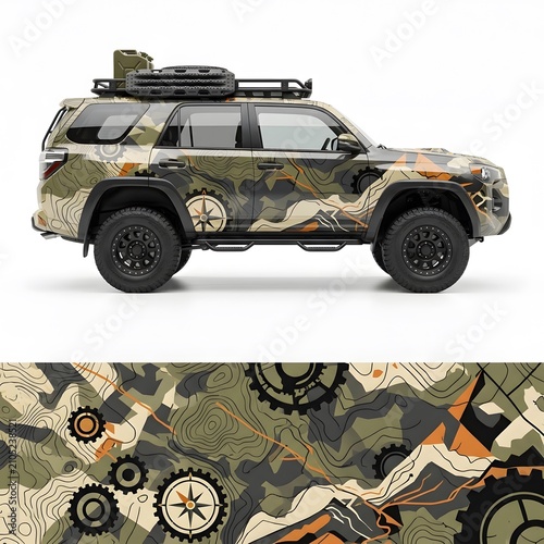 Off-Road Vehicle with Camouflage Wrap and Topographic Map Design, Adventure Vehicle